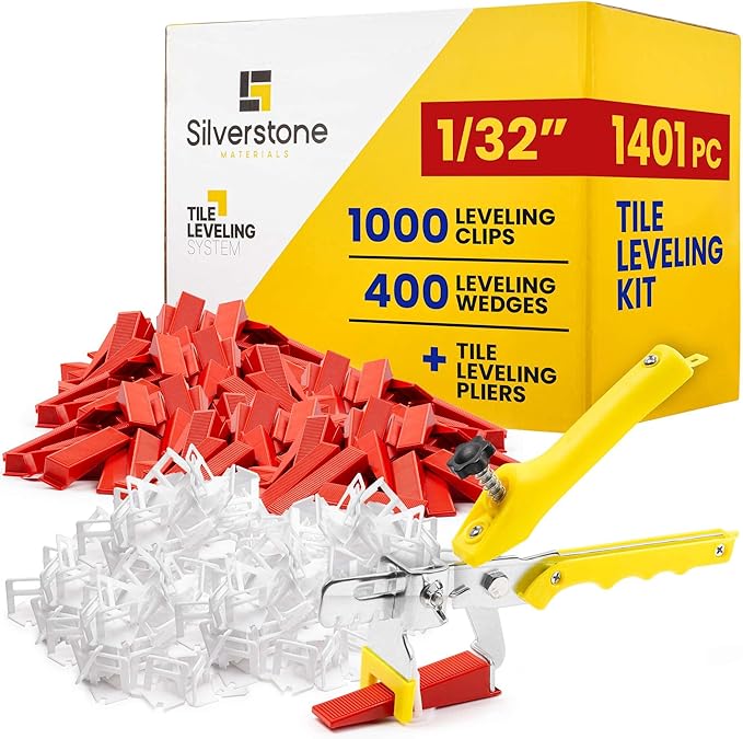 1401 Pcs Tile Leveling System with 1/32" (1mm) Tile Spacers, Tile Wedges and Tile Leveling Clips - Saves Time for Perfect and Precise DIY Installation of Ceramic Tiles - With Leveler Tool (Pliers)