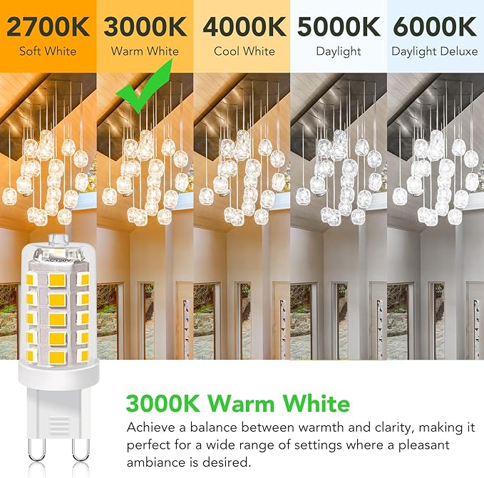 BUBO G9 LED Bulb 3000K Warm White 430 Lumens, 3W Equivalent 40W T4 G9 Halogen Replacement, 360°Beam Angle 120V Non-Dimmable No-Flicker G9 Light Bulbs for Crystal Chandelier Lighting, 10 Pack