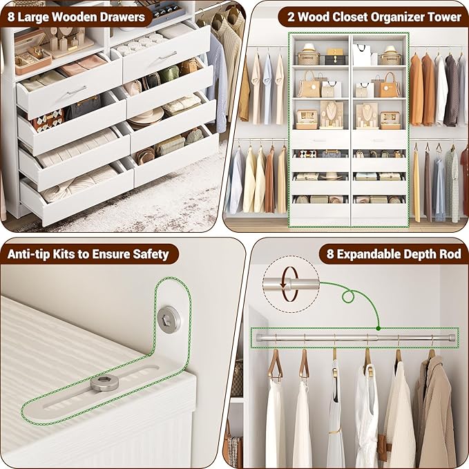 Aheaplus Closet System Set of 2, 4-9Ft Wood Closet Organizer with Drawers & Shelves, Closet Organizer System with 8 Hanging Rods, Walk-in Closets Organizer Wardrobe Closet Rack, White