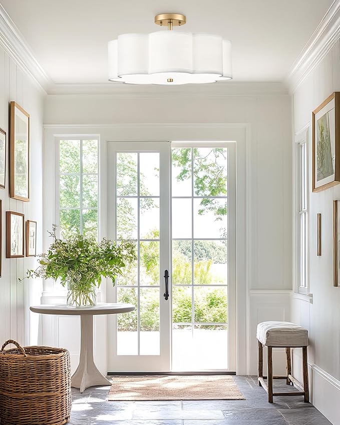 Gold Semi Flush Mount Ceiling Lights, 4-Light 18" Ceiling Light Fixtures with Fabric Shade in Flower Shape, Farmhouse Brass Drum Lighting for Nursery Bedroom Kitchen, AD-22009-4SF-GD