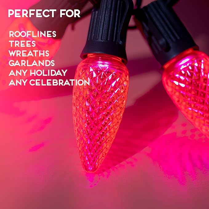 HLO Lighting Set of 500 Pink C9 Faceted LED Christmas Light Bulbs for Indoor & Outdoor Use | Durable Replacement Bulbs