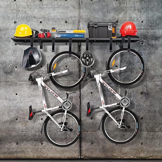 Garage Wall Shelving, 1X4 ft Garage Storage Rack,Heavy Duty Wall Mounted Storage Shelf With 12 Hooks-Each Loads 200lbs Metal Wall Shelf,Black,2Pack