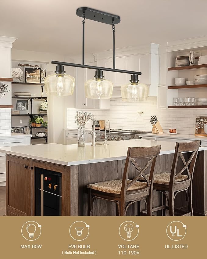 Emak Black Dining Room Light Fixture, Modern 32 Inch Linear Chandelier Lamp with Seeded Glass Shade, Farmhouse 3-Light Kitchen Island Lighting for Kitchen, Dining Room, Bar, IL122-BK-SG-3