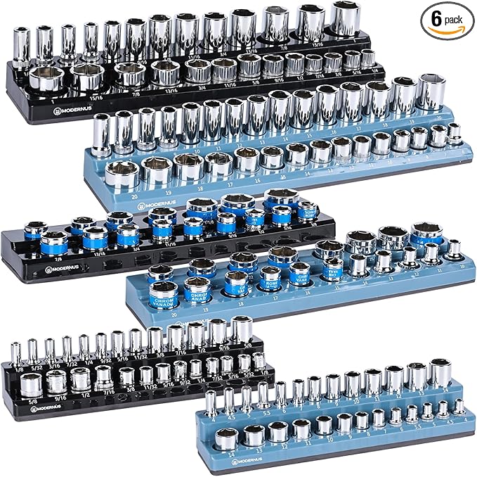 Magnetic Socket Organizer - 6-Piece Tool Storage for SAE & Metric Drive Sockets - Clear Size Markings, Deep Slots, Powerful Magnet - Holds 143 Pieces - (Sockets Not Included)