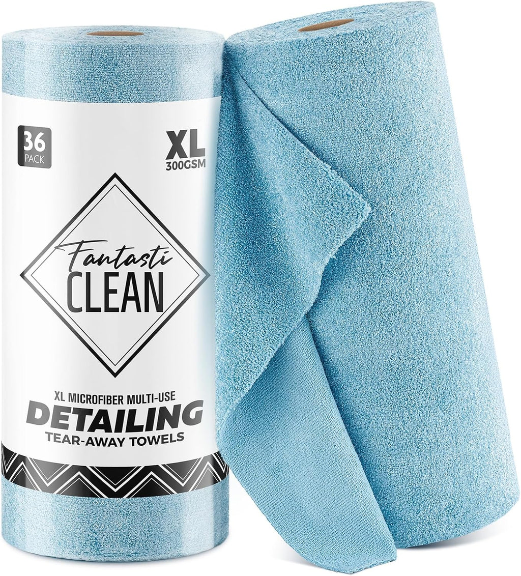 Fantasticlean XL Tear-Away Microfiber Cleaning Cloth Roll, 16'' by 16''- 36 Sheets, Thick & Large Detailing Towels, Ultra Absorbent, Lint-Free Reusable Wipes for Home, Car or Outdoor (Glossy Blue)