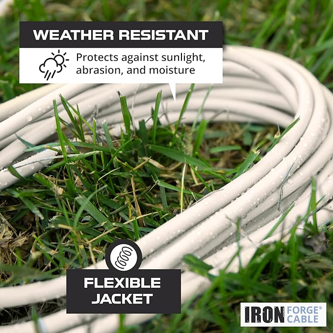 Iron Forge Cable Weatherproof 10 Ft Outdoor Extension Cord with 3 Outlets - 16/3 SJTW Heavy Duty Beige Extension Cord 3 Prong - 13 Amp Power Cable