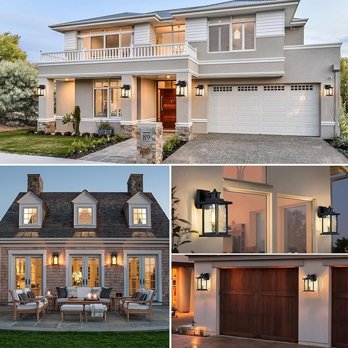 12'' Outdoor Light Fixture 2 Packs, Outdoor Wall Lights Exterior Wall Sconce with Water Ripple Glass, Waterproof Porch Light Lantern Wall Mounted, Modern Black Outside Lights for House Patio Garage