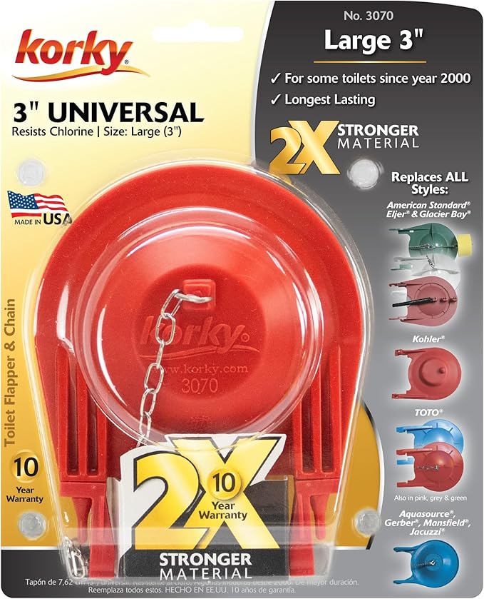 Korky 3070BP Large 3" 2X High Performance Universal Toilet Flapper, Red