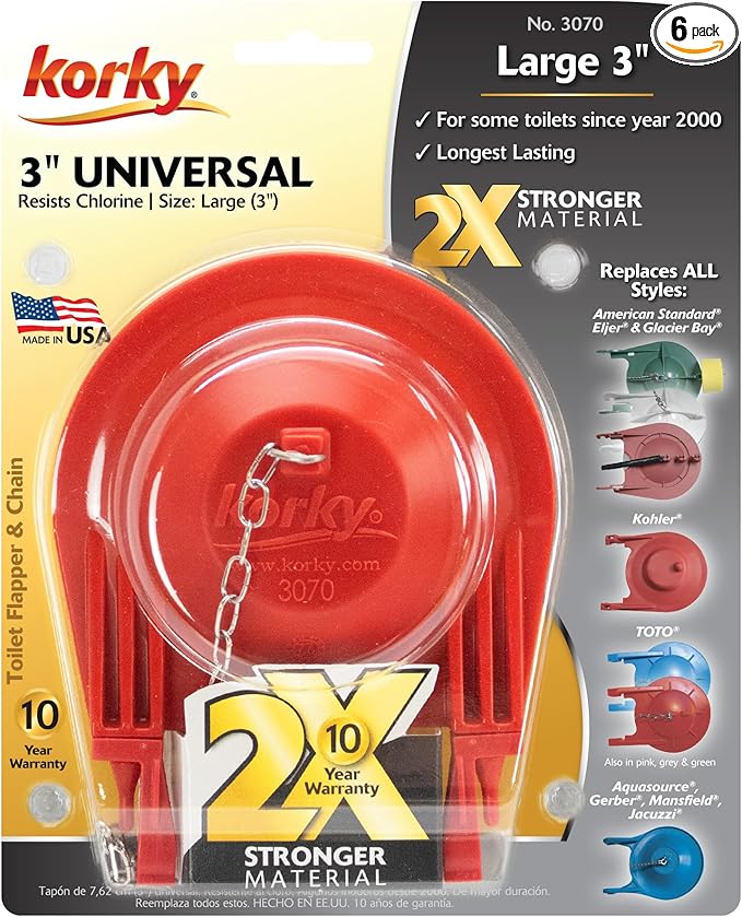 Korky 3070BP Large 3" 2X High Performance Universal Toilet Flapper, Red (Pack of 6)