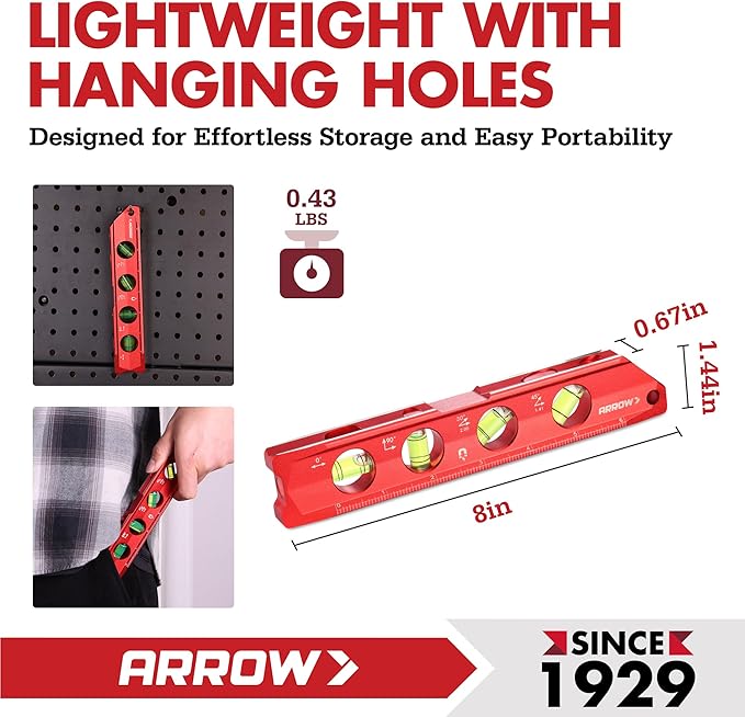 ARROW 8-Inch Torpedo Level, Magnetic Level Tool with 0°/30°/45°/90° Bubbles, Top-view Windows, Aluminium Alloy Frame, Dual Metric and SAE Scales