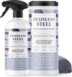 Therapy Stainless Steel Cleaner and and Polish Wipes Bundle with Microfiber Cloth - Remove Fingerprints from Appliances, Sinks, Fridge, Grill, Refrigerator, BBQ, Stove - Stainless Steel Spray and Wipe
