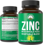 Vegan Zinc Supplement with Vitamin C + Whole Food Blend of 25 Vegetables and Fruits for Max Absorption. Zinc Supplements Zinc 30mg Capsules, Pills, Tablets, Vitamins for Adults Both Men and Women