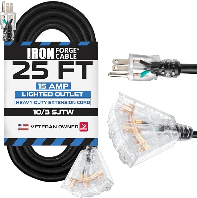 Iron Forge Cable 10 Gauge 25ft Lighted Outdoor Heavy Duty Extension Cord with 3 Outlets - 15 Amp 10/3 SJTW Black Extension Cord with Multiple Outlets