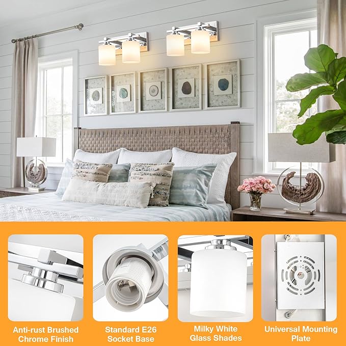 2 Light Modern Bathroom Light Fixtures Over Mirror, Chrome Vanity Lights for Bathroom Wall Sconces with Milky White Glass Shades, E26 Socket (Bulbs Not Included)