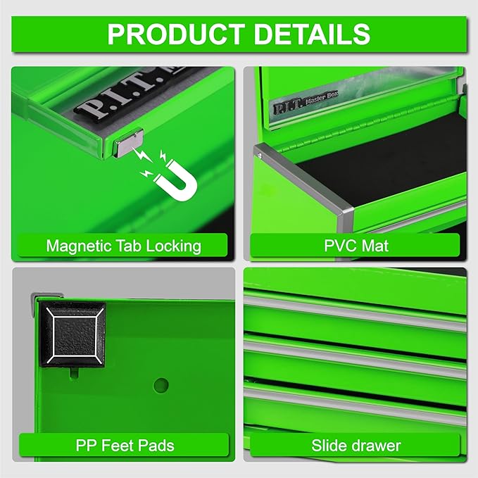 P.I.T. Mini Green Tool Box, Portable 3 Drawer Steel Stackable Tool Box with Magnetic Tab Locking, Green Micro Top Chest with Liner for Tools Storage and Organizers, Home DIY