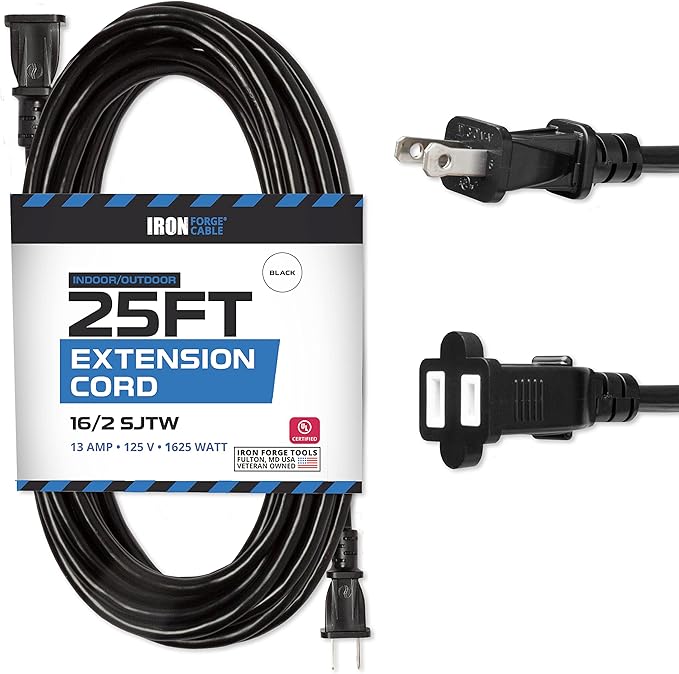 Iron Forge Cable 25 Ft Black Extension Cord, 16/2, 25 Foot Extension Cord with 2 Prong Polarized Plug, Weatherproof - Great for Outdoor & Indoor Use