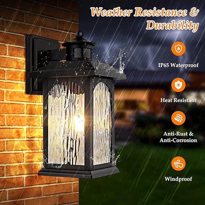 Motion Sensor Outdoor Wall Lantern, Updated Dusk to Dawn Outdoor Lighting, Exterior Light Fixtures, Black Porch Lights & Outside Wall Sconces with Water Rippled Glass for Patio Garage Entryway House