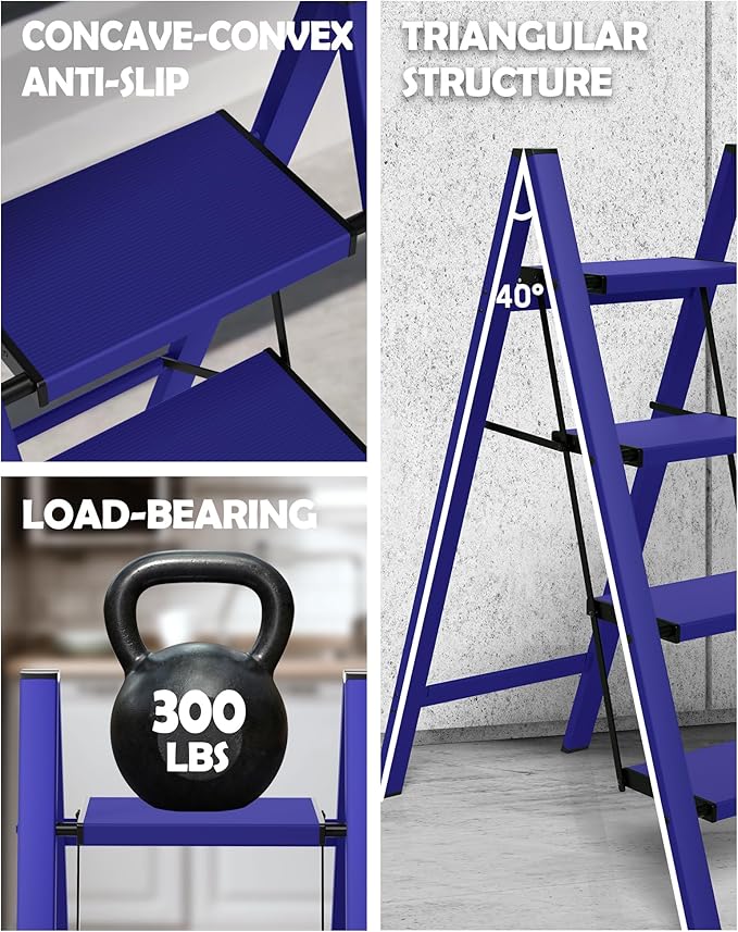 Taranta 4 Step Ladder,Aluminum Lightweight Folding 4 Step Stool with Anti-Slip Wide Pedal,330lbs Capacity Step Ladder for Household,Kitchen,Office - Blue