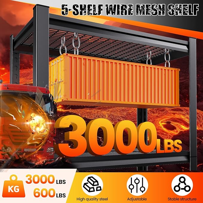 Large Garage Shelving, 5-Tier Garage Storage Shelves 3000LBS Heavy Duty Shelving Unit, Adjustable Steel Metal Shelving, Wire Shelves for Garag, Utility Rack Shelf for Basement, 72 ”H×46”W×20.1”D