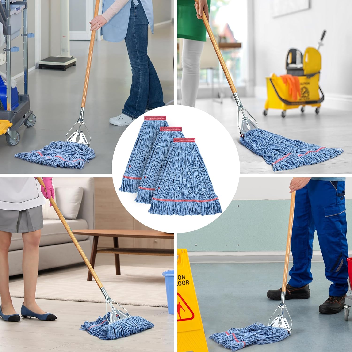 Matthew Cleaning 20oz Heavy Duty Mop Head Commercial Replacement for General and Floor Cleaning, Wet Industrial Blue Cotton Looped End String Head Refill (Pack of 3) Blue