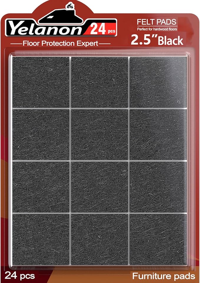 Yelanon Felt Furniture Pads for Hardwood Floors -24 Pcs 2.5" Premium Felt Pads for Chair Legs, Floor Protectors for Furniture Black