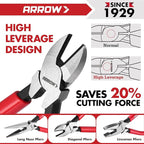ARROW 8PCS Pliers & Wrench Set, 6" Needle Nose Pliers, 6" Diagonal, 7" Linesman, 8" Slip Joint, 8" & 10" & 12" Groove Joint and CRV 8" Adjustable Wrench, Portable Rolling Bag With Handle