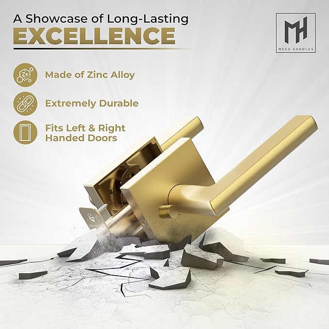 Mega Handles Prime Privacy Lever Door Handle for Hallway, Closet and Bathroom, Keyless Design Door Levers, Fits All Standard Door Sizes, Covered Screws Included - Satin Brass (1 Pack), 4.29"