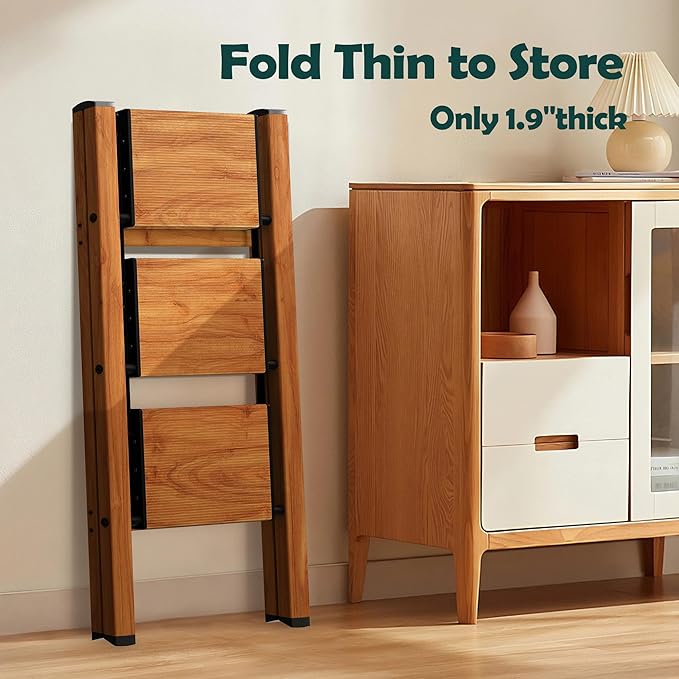 Taranta 3 Step Ladder,Aluminum Lightweight Folding 3 Step Stool with Anti-Slip Wide Pedal, 330lbs Capacity Step Ladder for Household,Kitchen,Office - Woodgrain