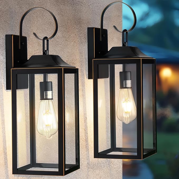 19" Large Outdoor Wall Lights 2 Pack, Black Exterior Light Fixtures, Outdoor Sconces Wall Lighting Porch Lights, Waterproof Wall Lamp for House, Doorway, Garage, Black Metal with Gold Trim