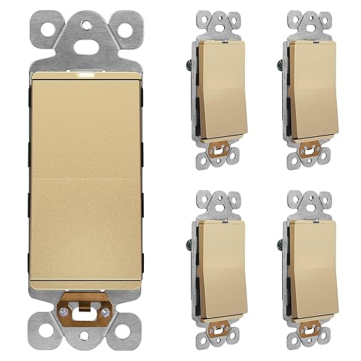 LIDER Minimalist Design Matte Finish Lighted Decorator Switch, Frameless Paddle Light Switch with Locator Light, Grounding Screw, 15A 125V, UL Listed, LS15-1P-GD5P, Gold, 5 Pack