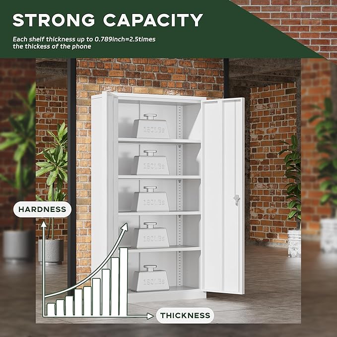 Greenvelly Metal Garage Storage Cabinet with 2 Doors & Adjustable Shelves, 72" Lockable Steel Tool Cabinet - White - (36" W x 18" D)