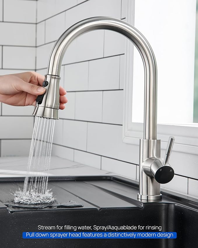 J-HVA Kitchen Faucet Sprayer Head Replacement with 15 Adapters (UPDATED) - Pull Down Kitchen Sink Faucet Spray Nozzle Head Replacement 3-Function Tap Spray Head for Kitchen Sink, Brushed Nickel