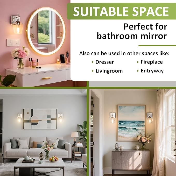 Vanity Bathroom Light, 1-Light Bathroom Light Fixtures Over Mirror, Silver Vanity Lights for Bathroom with Clear Glass, Modern Wall Lamp for Cabinet Hallway, Bedroom