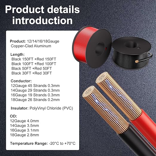 18 Gauge Electrical Wire 2 Pack Total 300ft-Black 150 ft and Red 150 ft Soft Flexible Copper-Clad Aluminum(CCA) 18 AWG PVC Wire for Lamp, Household Appliances RC Toys, Models, Auto, Electronics