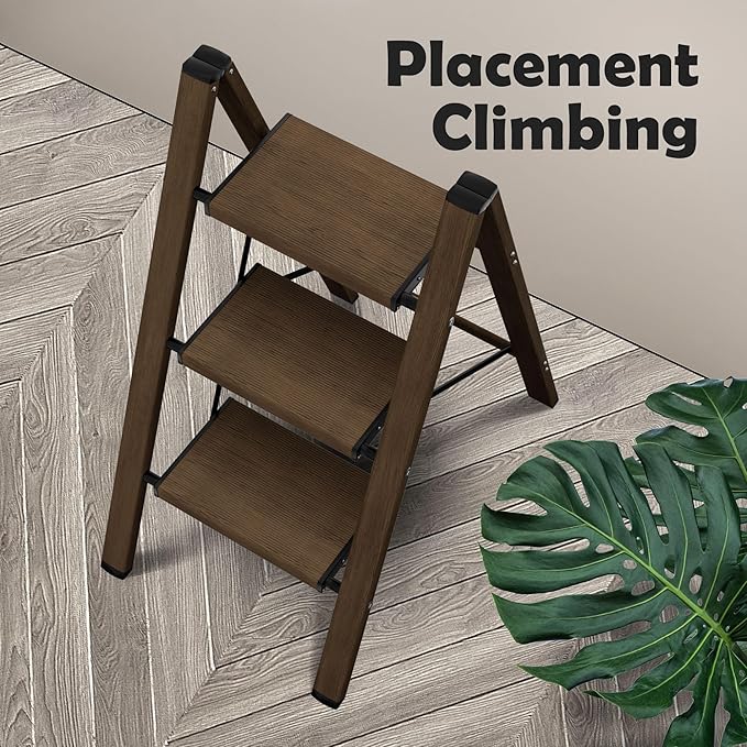 Taranta 3 Step Ladder,Aluminum Lightweight Folding 3 Step Stool with Anti-Slip Wide Pedal,330lbs Capacity Step Ladder for Household,Kitchen,Office - Walnut