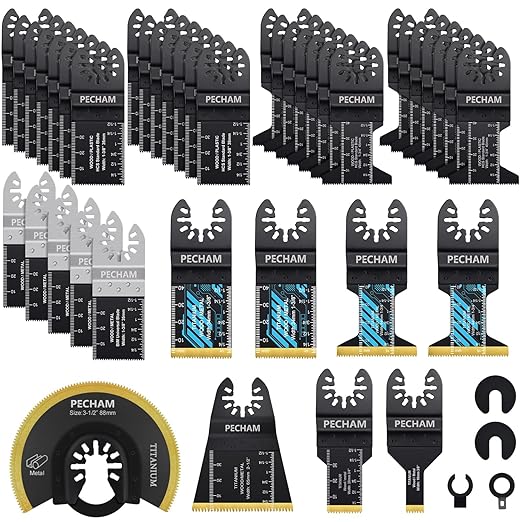 Oscillating Saw Blades, PECHAM 45PCS Professional Universal Titanium Multitool Blades for Wood Plastics Metal Quick Release Multi Tool Kits Fit Rockwell Ridgid Ryobi Milwaukee Chicago Craftsman