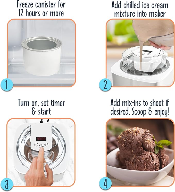 Nostalgia 2-Quart Electric Ice Cream Maker – Make Homemade Ice Cream, Gelato, Sorbet & Frozen Yogurt – No Salt/Ice Needed, Digital Controls, Mix-In Chute & Freezing Gel Canister – Stainless & White