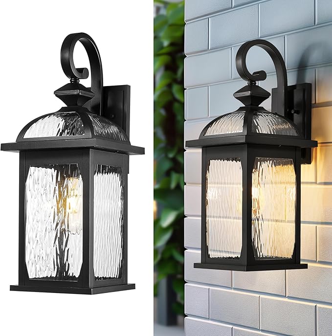 zeyu Large Outdoor Wall Fixture Lights, 22 Inch Exterior Porch Wall Lantern for Patio Porch, Die-Cast Aluminum with Water Ripple Glass, Black Finish, ZD100B-M BK-WP