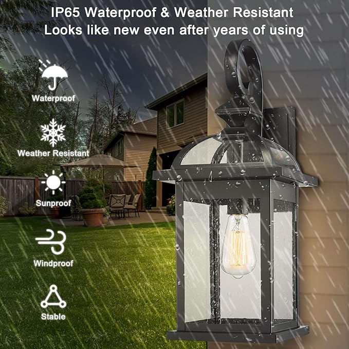 Darkaway Outdoor Lights Fixtures Wall Mount, Large 22inch Outdoor Wall Sconce Lights with Seeded Glass Waterproof Outside Exterior Lights Fixture for House Front Porch Patio （Large, Black）