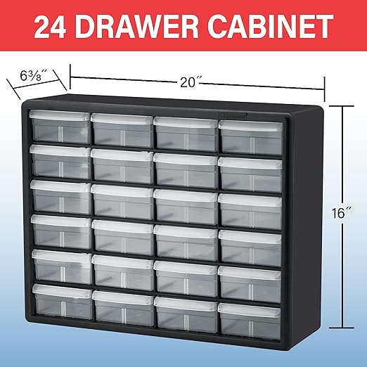 Akro-Mils 24-Drawer Plastic Drawer Storage Cabinet for Garage Organization, Bead Organizer, Building Bricks Storage, Teacher Toolbox, Makeup Organizer, 20" W x 6" D x 16" H, 10124 White