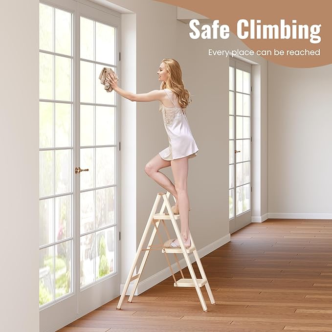 GameGem 3 Step Ladder, 3 Step Stool for Adults, Folding Step Ladder with Secure Footing, Widened Pedal, Aesthetically Pleasing Looking, Blends Right into Domestic Rooms, Cream Chocolate