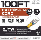 Iron Forge Cable Weatherproof 100 Ft Outdoor Extension Cord - 14/3 SJTW 15 Amp Heavy Duty Yellow Extension Cord 3 Prong - Lighted End