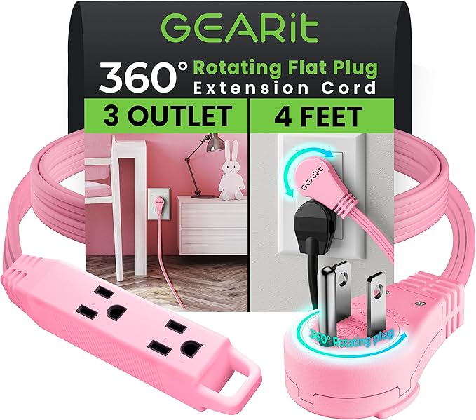 GEARit 360 Rotating Flat Plug Short Extension Cord with 3 Outlets (4ft, Pink) 16AWG/13A 3 Prong Wire, Outlet Saver for Home Office Dorm Room Essentials, ETL Certified