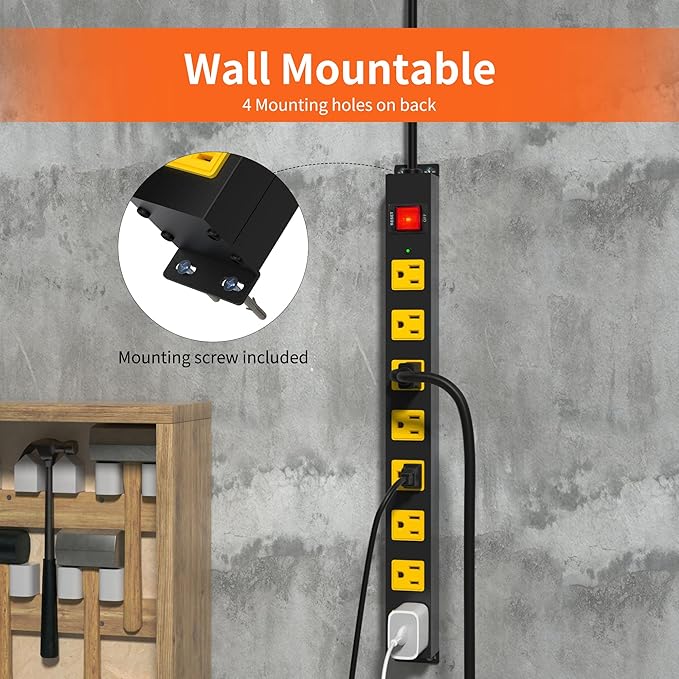Heavy Duty Surge Protector 8 Outlet Long Power Strip Extension Cord Wide Spaced and Wall Mount Metal Powerstrip for Home Office Workshop Garage (15FT)