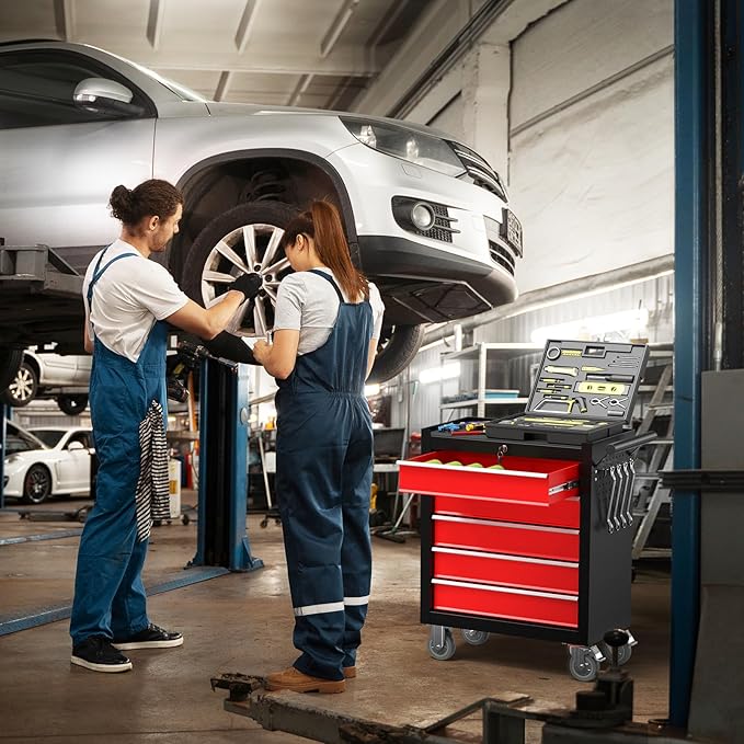 5-Drawer Rolling Tool Chest Toolbox, Rolling Tool Box with Wheels, Tool Chest with Keyed Locking System and Drawer Liners, Tool Box Organizer for Garage, Warehouse, Workshop(BlackRed)