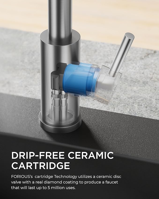 FORIOUS LED Kitchen Faucet with Pull Down Sprayer, Brushed Nickel Modern Single Handle Stainless Steel Commercial Spring Sink Faucet with LED Light for Pot Filler, Farmhouse Camper Bar Laundry Room