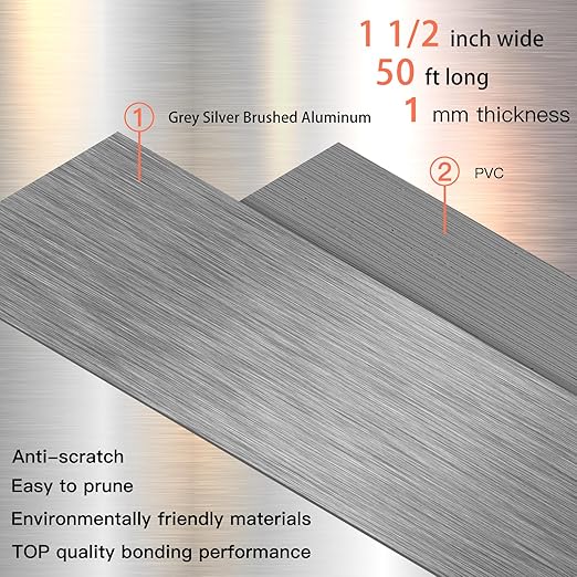 GSCIT Club Grey Silver Edge Banding, 1 1/2 Inch x 50ft Aluminum Brushed Edge Banding PVC Edge Trim for Cabinet Repair Furniture