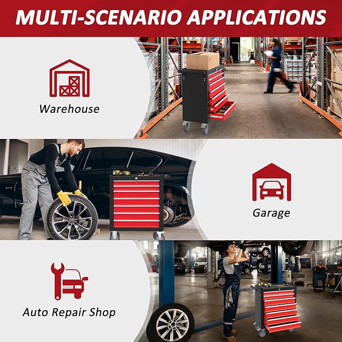 7-Drawers Rolling Tool Chest, Tool Chest with Wheels and Drawers, Rolling Box with Locking System, Tool Box with Wheels for Garage, Warehouse, Workshop (BlackRed)
