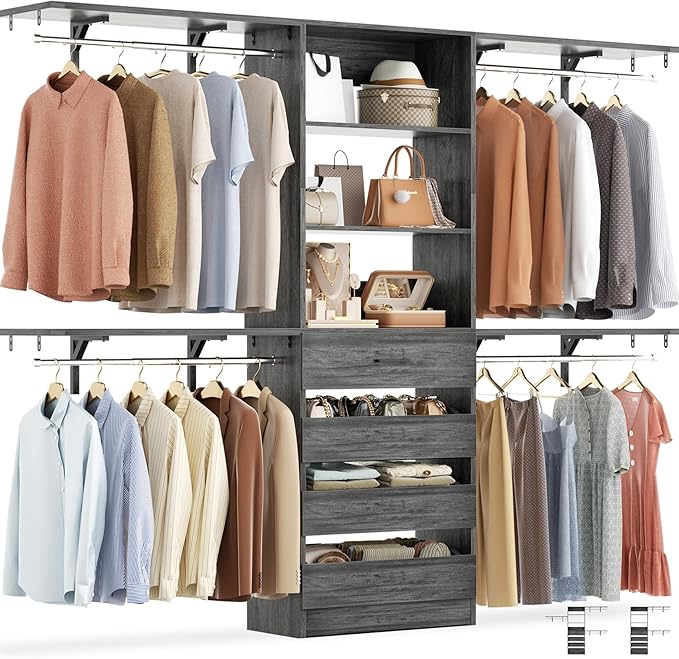 Aheaplus Closet System with 4 Drawers, 8FT Wood Closet Organizer System, 96’’ Closet Built In System Tower with Shelves, Walk-in Closet Wardrobe Clothes Garment Rack, Fits Spaces 4-9 ft, Black Oak