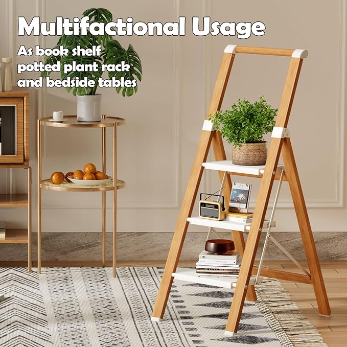 Taranta 3 Step Ladder, Portable Folding Ladder with Wide Pedal, Lightweight Aluminum Step Stool with Convenient Handgrip, 330 lbs Capacity Stepladder for Home, Office - White Woodgrain